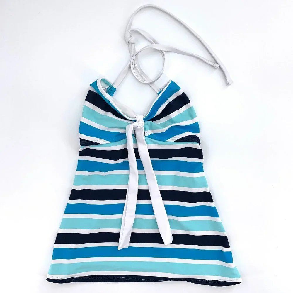Hula Honey‎ Striped Swimsuit Tank Top Cute Swimwear Blue White Front Tie Medium